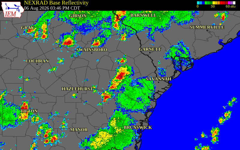 NEXRAD radar during the Thursday, August 6, 2026 storm activity in Bulloch County, Georgia
