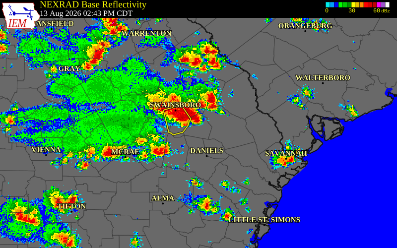 NEXRAD radar during the Thursday, August 13, 2026 storm activity in Bulloch County, Georgia