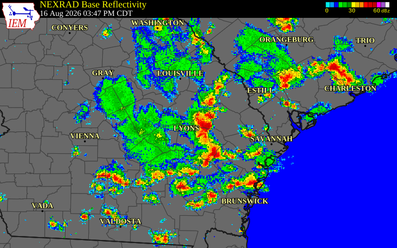 Radar snapshot during the Aug 13, 2026 wind event near Bulloch County, Bulloch County, Georgia, with NWS warning polygons