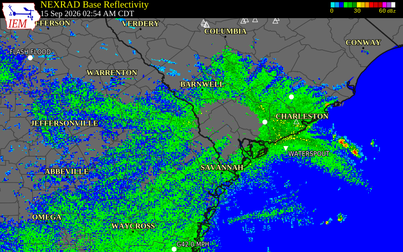 Current NEXRAD radar over Bulloch County, Georgia with recent storm report locations