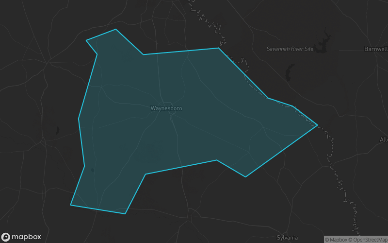 Map of Burke County, Georgia showing the county boundary and surrounding cities