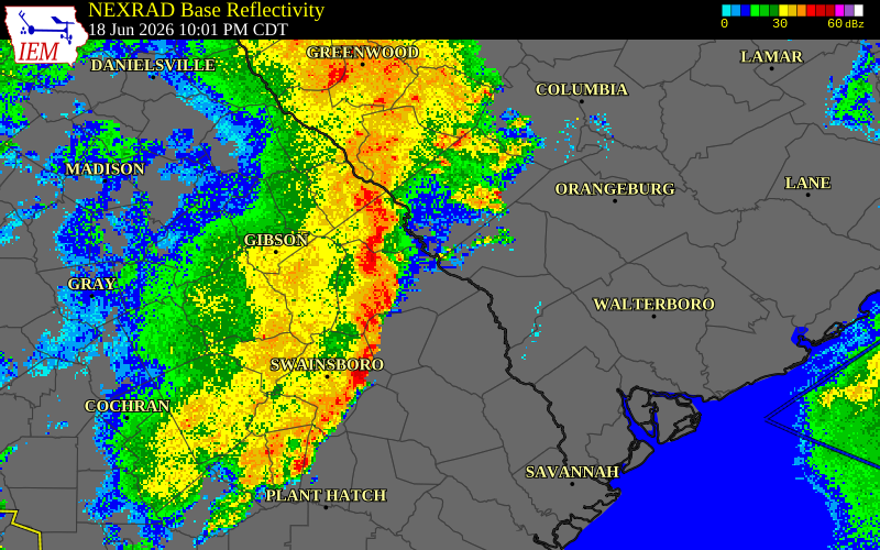 NEXRAD radar during the Thursday, June 18, 2026 storm activity in Burke County, Georgia
