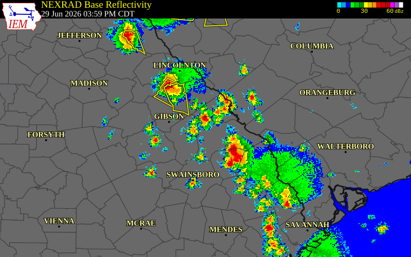 NEXRAD radar during the Monday, June 29, 2026 storm activity in Burke County, Georgia