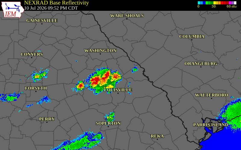 NEXRAD radar during the Friday, July 10, 2026 storm activity in Burke County, Georgia