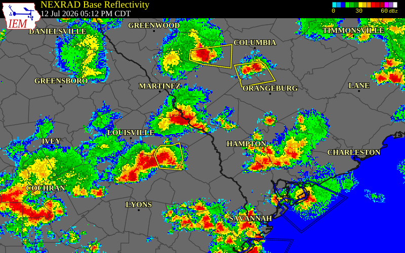NEXRAD radar during the Sunday, July 12, 2026 storm activity in Burke County, Georgia