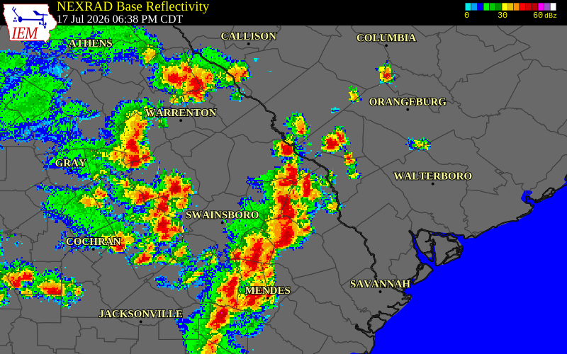 NEXRAD radar during the Friday, July 17, 2026 storm activity in Burke County, Georgia