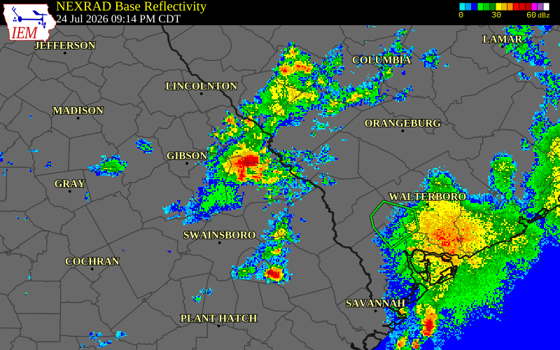 NEXRAD radar during the Friday, July 24, 2026 storm activity in Burke County, Georgia