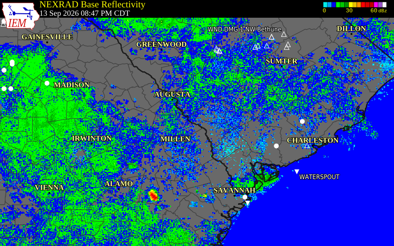 Current NEXRAD radar over Burke County, Georgia with recent storm report locations