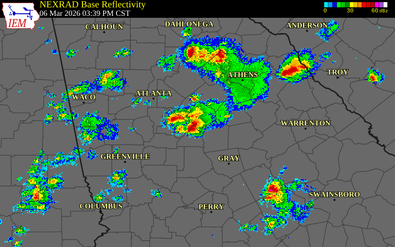 NEXRAD radar during the Friday, March 6, 2026 storm activity in Butts County, Georgia