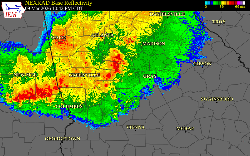 NEXRAD radar during the Monday, March 9, 2026 storm activity in Butts County, Georgia