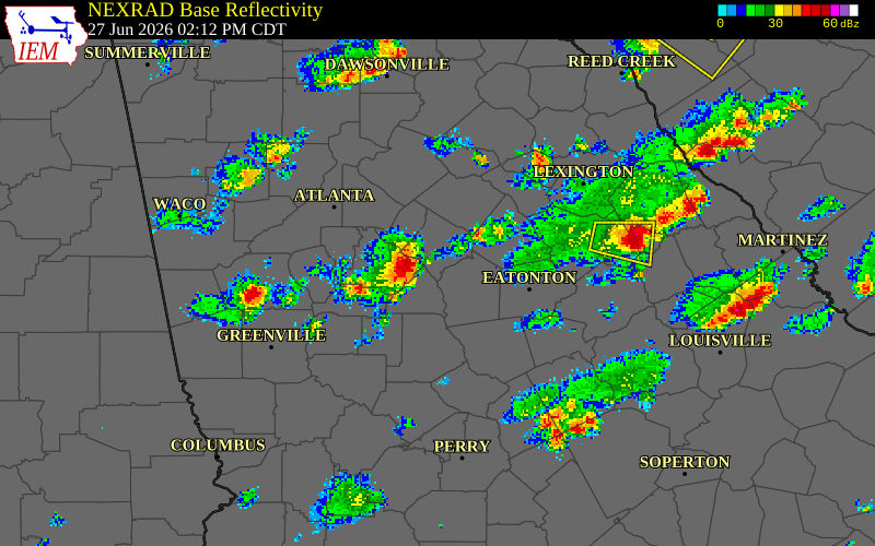 NEXRAD radar during the Saturday, June 27, 2026 storm activity in Butts County, Georgia