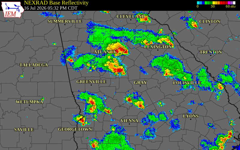 Radar snapshot during the Jul 16, 2026 wind event near Butts County, Butts County, Georgia, with NWS warning polygons