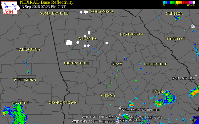 Current NEXRAD radar over Butts County, Georgia with recent storm report locations