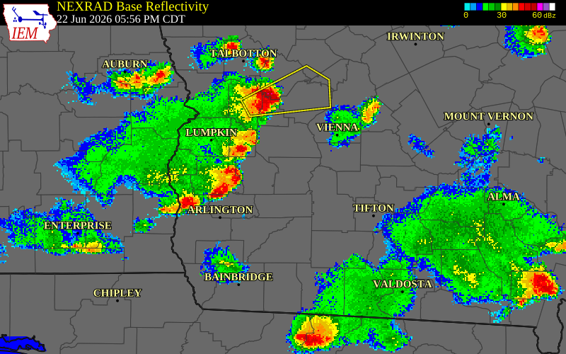 NEXRAD radar during the Monday, June 22, 2026 storm activity in Calhoun County, Georgia