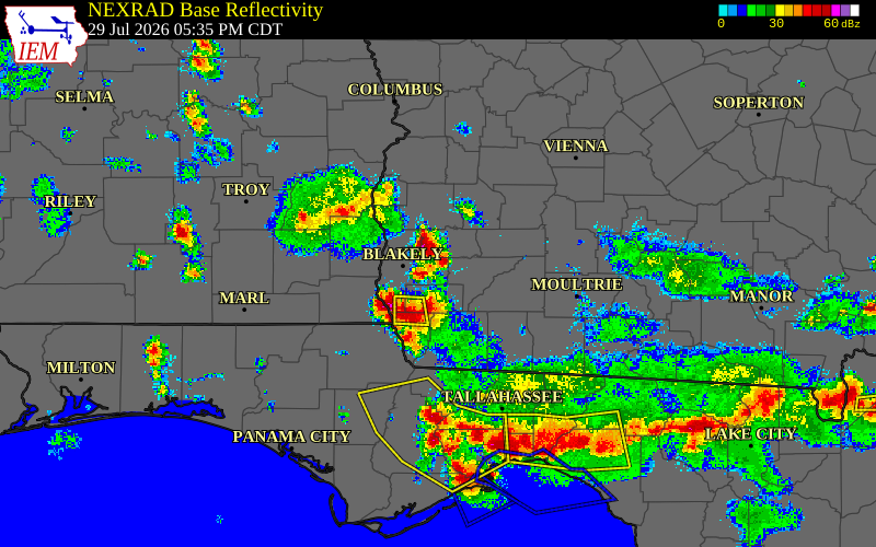 Radar snapshot during the Jul 29, 2026 wind event near Calhoun County, Calhoun County, Georgia, with NWS warning polygons