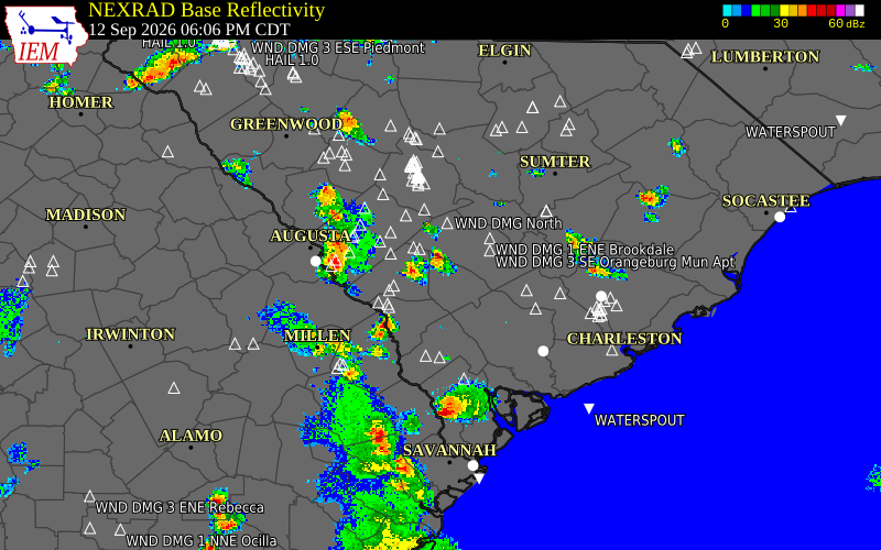 Current NEXRAD radar over Calhoun County, Georgia with recent storm report locations