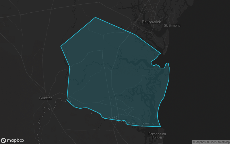 Map of Camden County, Georgia showing the county boundary and surrounding cities