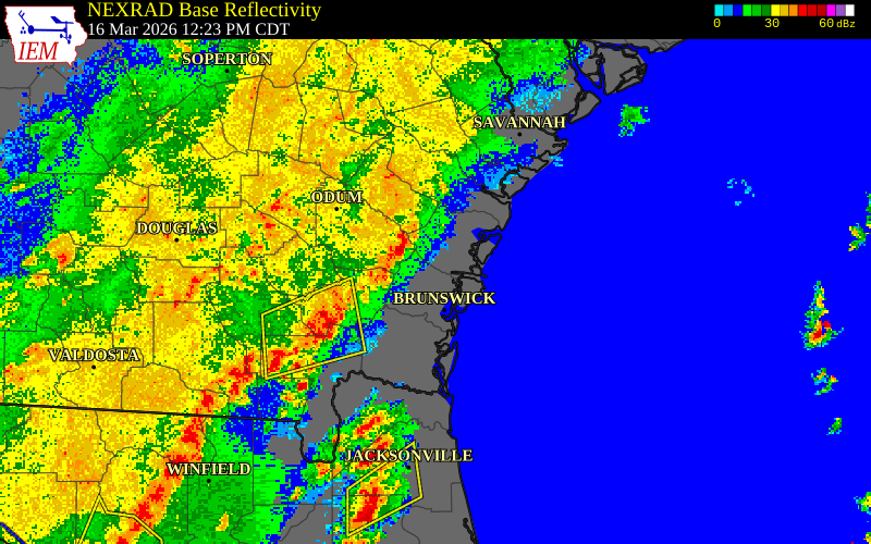 NEXRAD radar during the Monday, March 16, 2026 storm activity in Camden County, Georgia