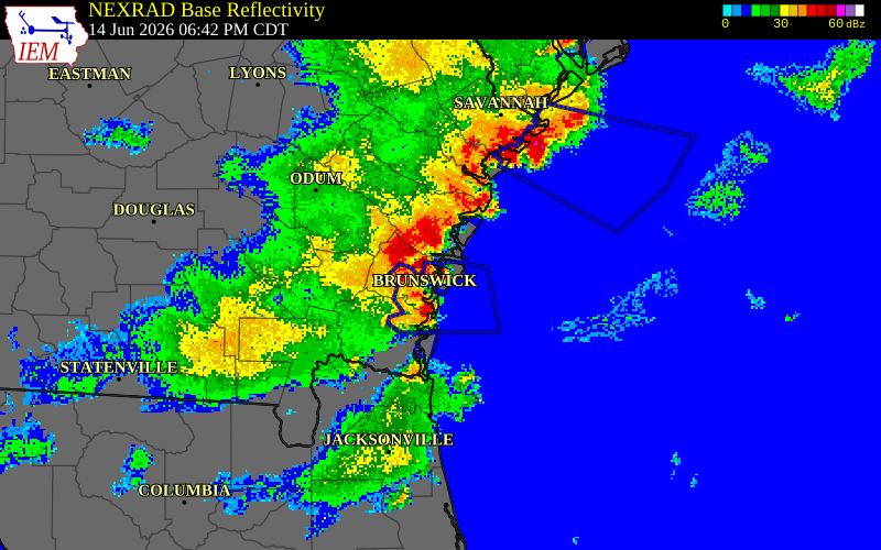 NEXRAD radar during the Sunday, June 14, 2026 storm activity in Camden County, Georgia