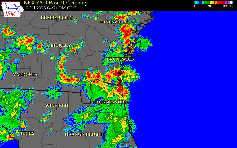 NEXRAD radar during the Sunday, July 12, 2026 storm activity in Camden County, Georgia