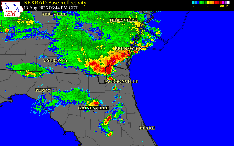 Radar snapshot during the Aug 13, 2026 wind event near Camden County, Camden County, Georgia, with NWS warning polygons