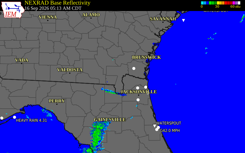 Current NEXRAD radar over Camden County, Georgia with recent storm report locations