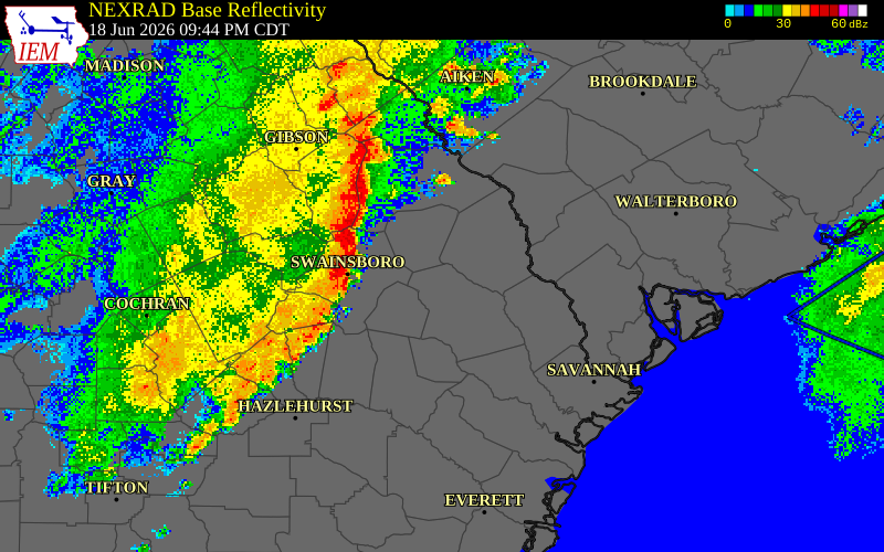NEXRAD radar during the Thursday, June 18, 2026 storm activity in Candler County, Georgia