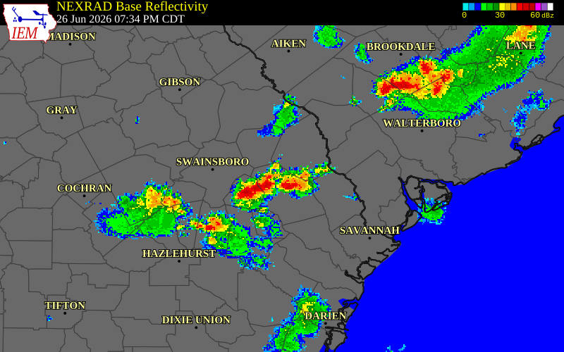 NEXRAD radar during the Friday, June 26, 2026 storm activity in Candler County, Georgia