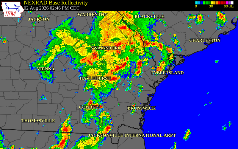 Radar snapshot during the Aug 2, 2026 wind event near Candler County, Candler County, Georgia, with NWS warning polygons