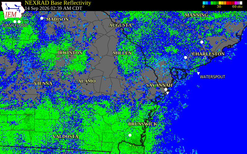 Current NEXRAD radar over Candler County, Georgia with recent storm report locations