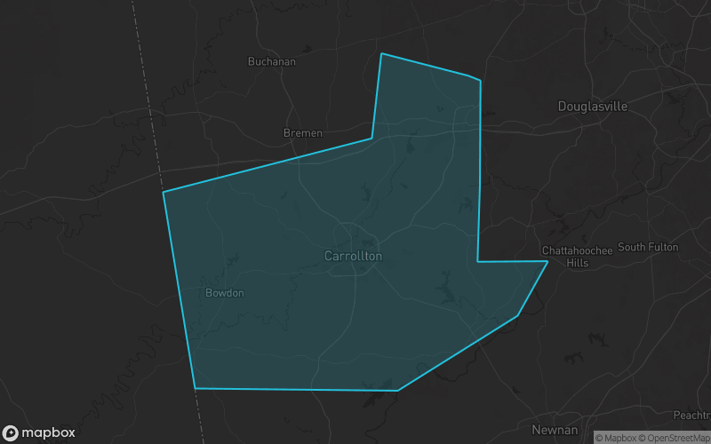 Map of Carroll County, Georgia showing the county boundary and surrounding cities