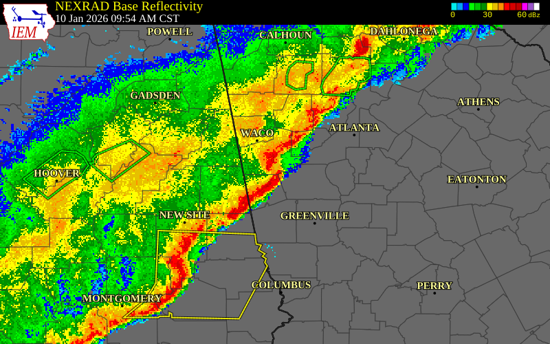 NEXRAD radar during the Saturday, January 10, 2026 storm activity in Carroll County, Georgia