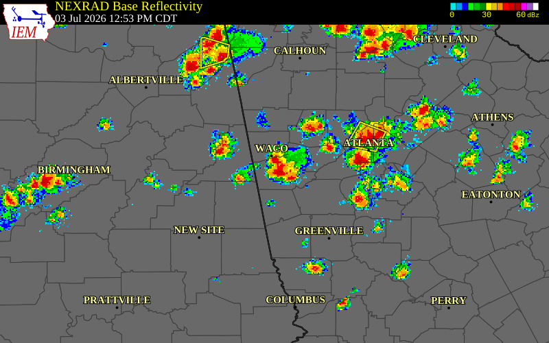 NEXRAD radar during the Friday, July 3, 2026 storm activity in Carroll County, Georgia