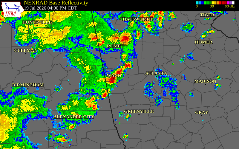 NEXRAD radar during the Sunday, July 19, 2026 storm activity in Carroll County, Georgia