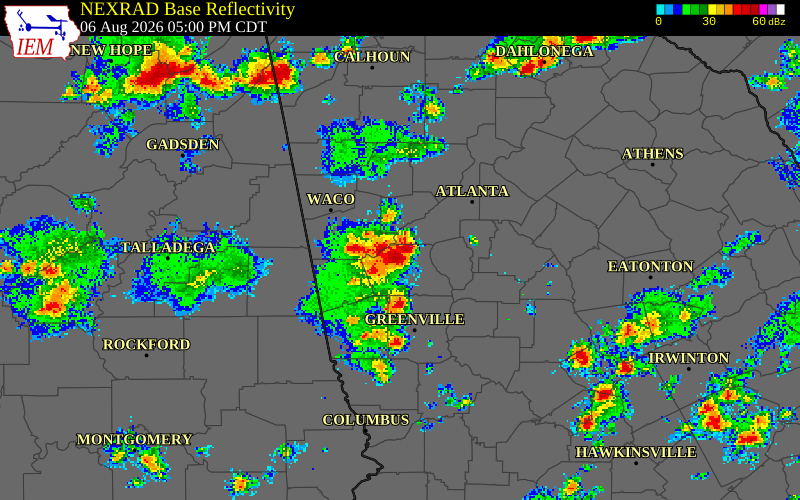 NEXRAD radar during the Thursday, August 6, 2026 storm activity in Carroll County, Georgia