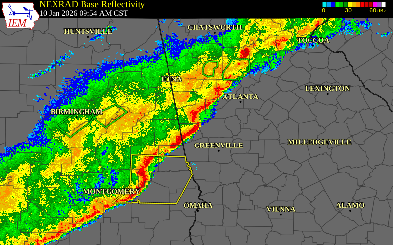 Radar snapshot during the Jan 10, 2026 tornado event near 1 SSE Lowell, Carroll County, Georgia, with NWS warning polygons