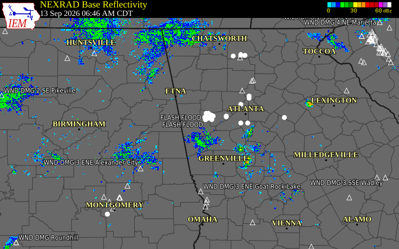 Current NEXRAD radar over Carroll County, Georgia with recent storm report locations