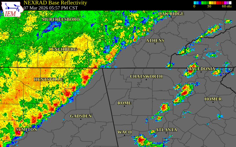 NEXRAD radar during the Saturday, March 7, 2026 storm activity in Catoosa County, Georgia