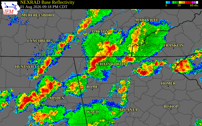 NEXRAD radar during the Saturday, August 1, 2026 storm activity in Catoosa County, Georgia