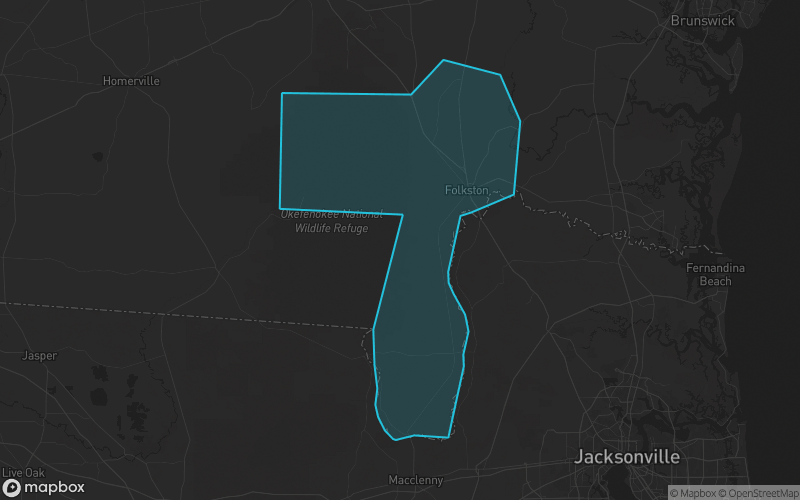 Map of Charlton County, Georgia showing the county boundary and surrounding cities