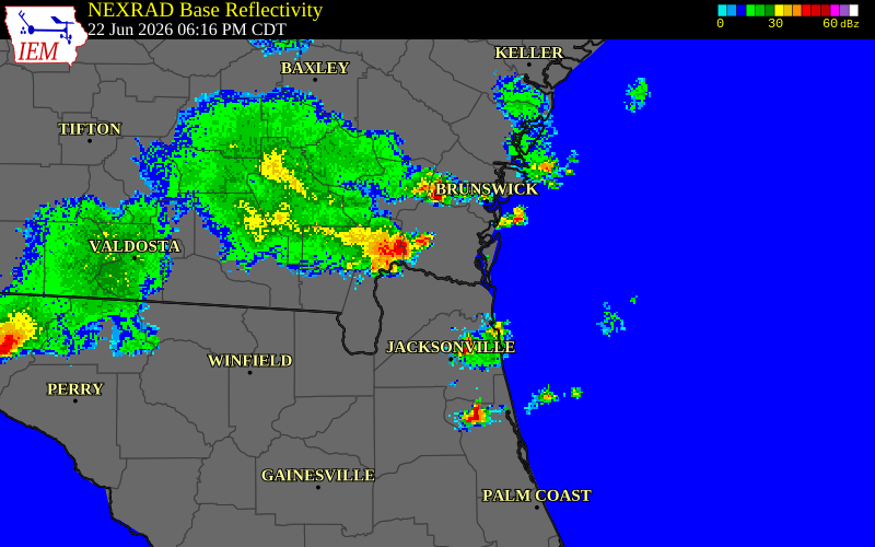 NEXRAD radar during the Monday, June 22, 2026 storm activity in Charlton County, Georgia