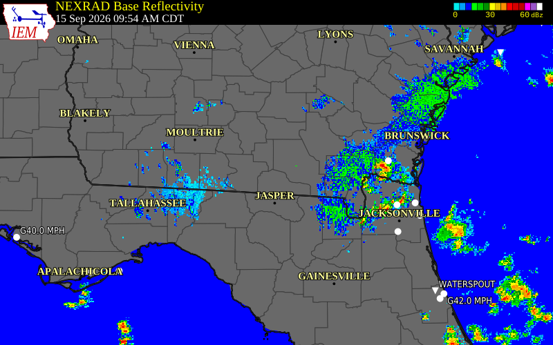 Current NEXRAD radar over Charlton County, Georgia with recent storm report locations