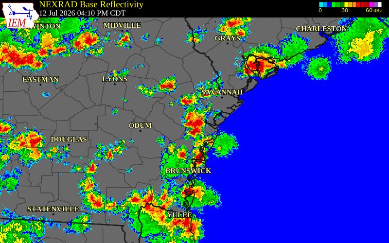NEXRAD radar during the Sunday, July 12, 2026 storm activity in Chatham County, Georgia