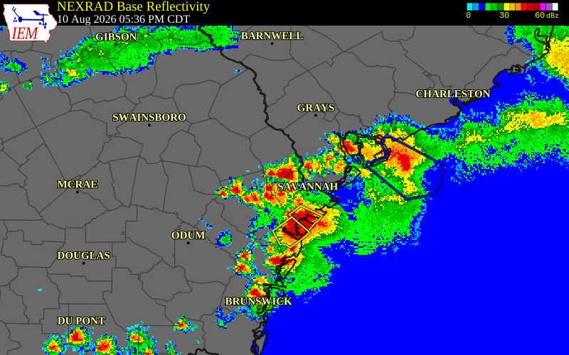 NEXRAD radar during the Monday, August 10, 2026 storm activity in Chatham County, Georgia