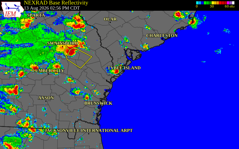 Radar snapshot during the Jul 29, 2026 wind event near Chatham County, Chatham County, Georgia, with NWS warning polygons