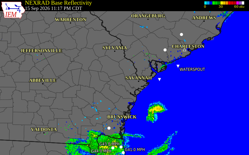Current NEXRAD radar over Chatham County, Georgia with recent storm report locations