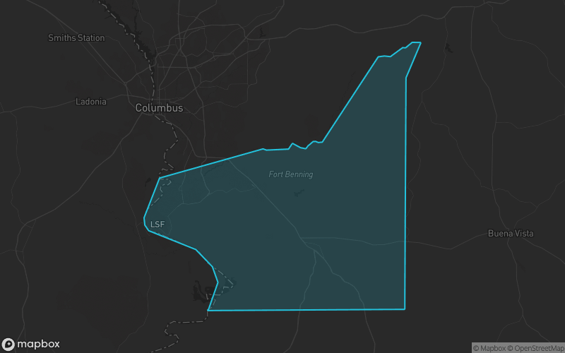 Map of Chattahoochee County, Georgia showing the county boundary and surrounding cities
