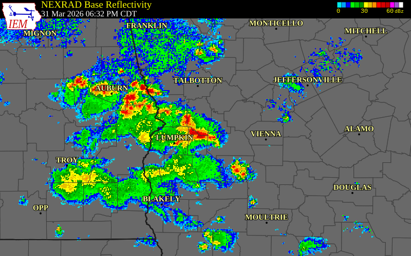 NEXRAD radar during the Tuesday, March 31, 2026 storm activity in Chattahoochee County, Georgia