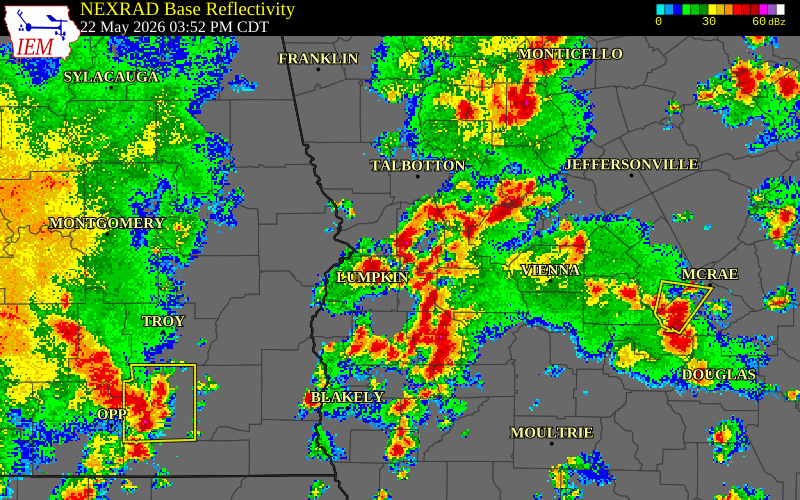 NEXRAD radar during the Friday, May 22, 2026 storm activity in Chattahoochee County, Georgia
