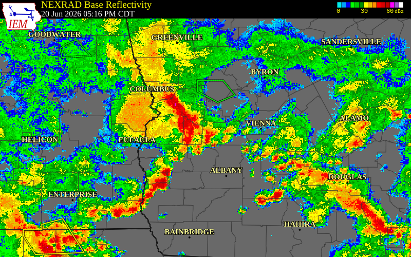 NEXRAD radar during the Saturday, June 20, 2026 storm activity in Chattahoochee County, Georgia